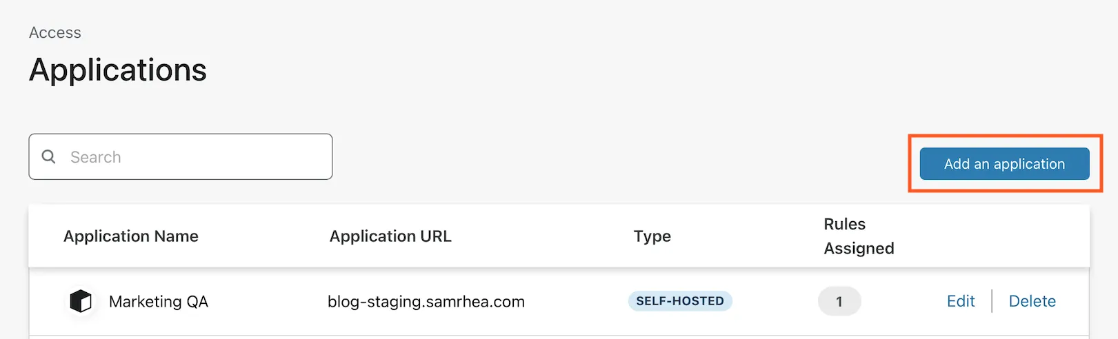 アプリケーションリストの上にある「Add an application」ボタンの位置
