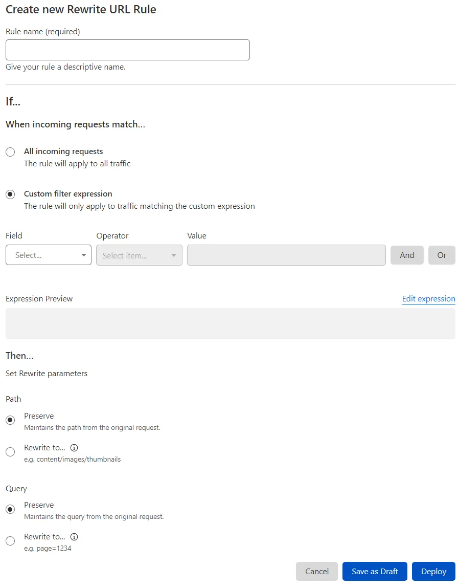CloudflareダッシュボードのURL書き換えルール作成ページ。