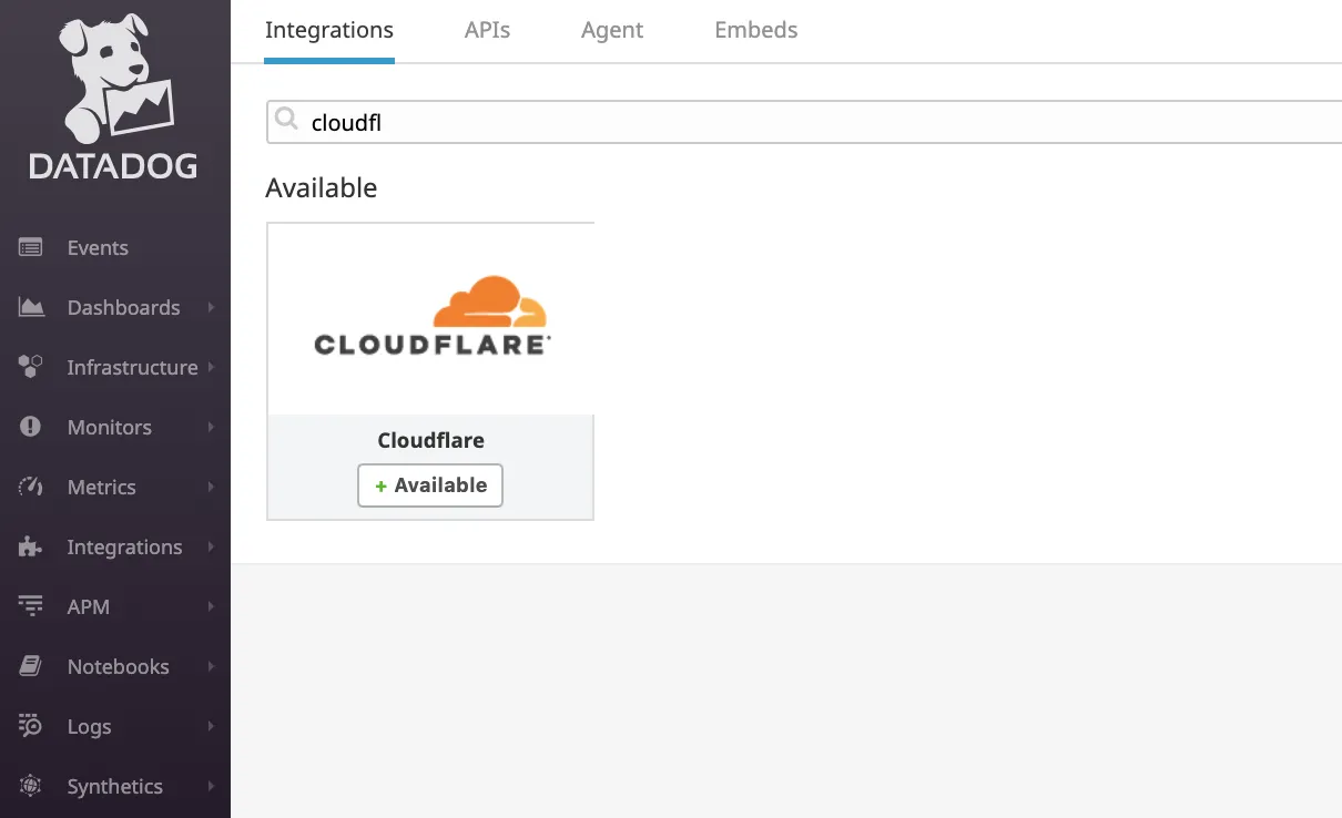 DatadogのIntegrationsタブでCloudflareアプリを検索