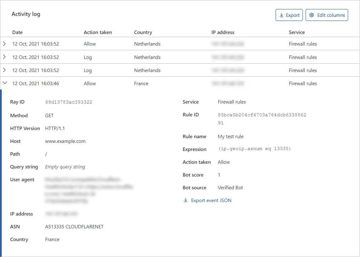 アクティビティログのイベントの例リスト、詳細を表示するために1つのイベントが展開されています