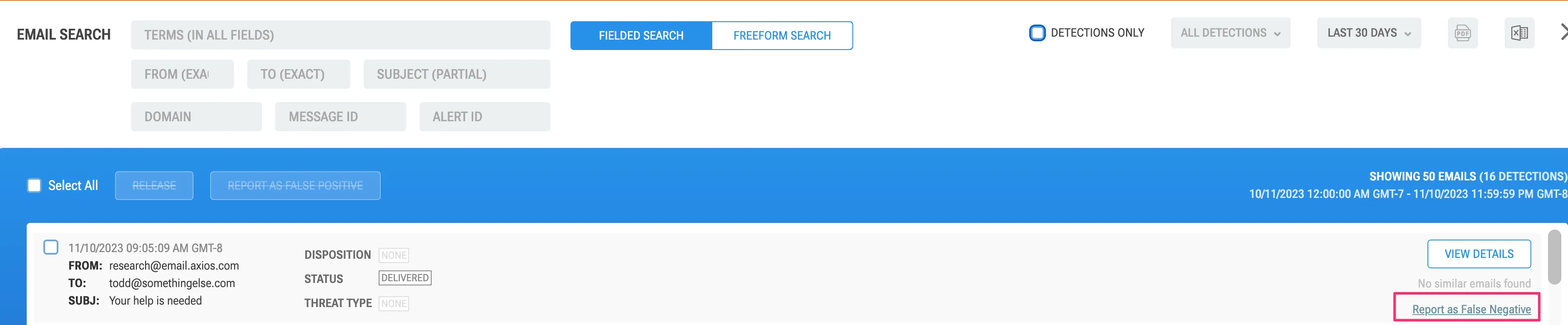 検索結果における偽陰性を提出するリンク