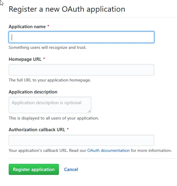GitHubの新しいOAuthアプリケーション登録ウィンドウ、フォームフィールドは未入力