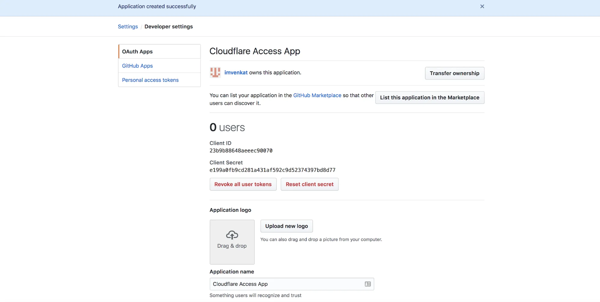 GitHub Cloudflare AccessアプリのクライアントIDとクライアントシークレットを表示