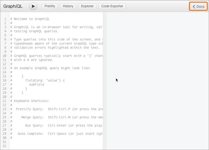 GraphiQL Docsリンクをクリックしてドキュメントエクスプローラーを開く