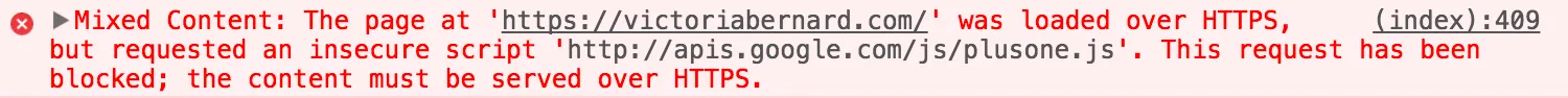 ブラウザコンソールに表示された混在コンテンツのエラーのスクリーンショット。
