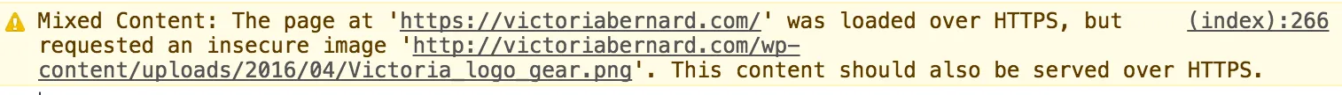 ブラウザコンソールに表示された混在コンテンツの警告のスクリーンショット。