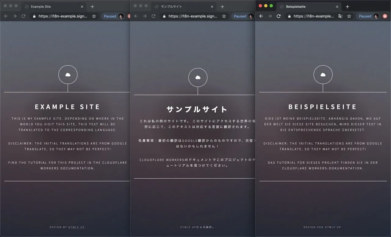 日本語、ドイツ語、英語に成功裏にローカライズされたサイトの例