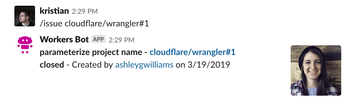 このチュートリアルに従うことで、あなたはこの例のようなSlackbotを作成できるようになります。Slackbotを構築するために読み進めてください。