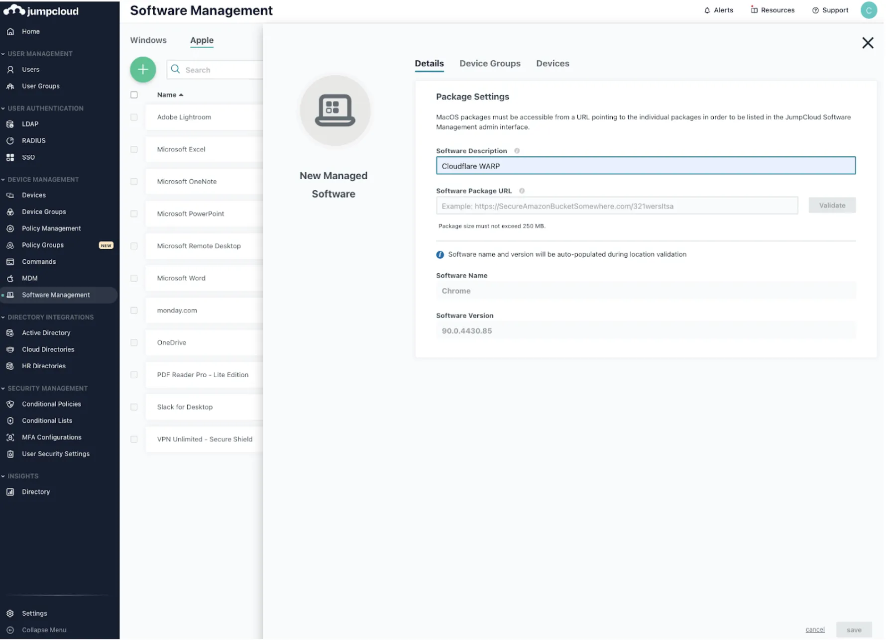 JumpCloudのAppleタブでWARPを設定する