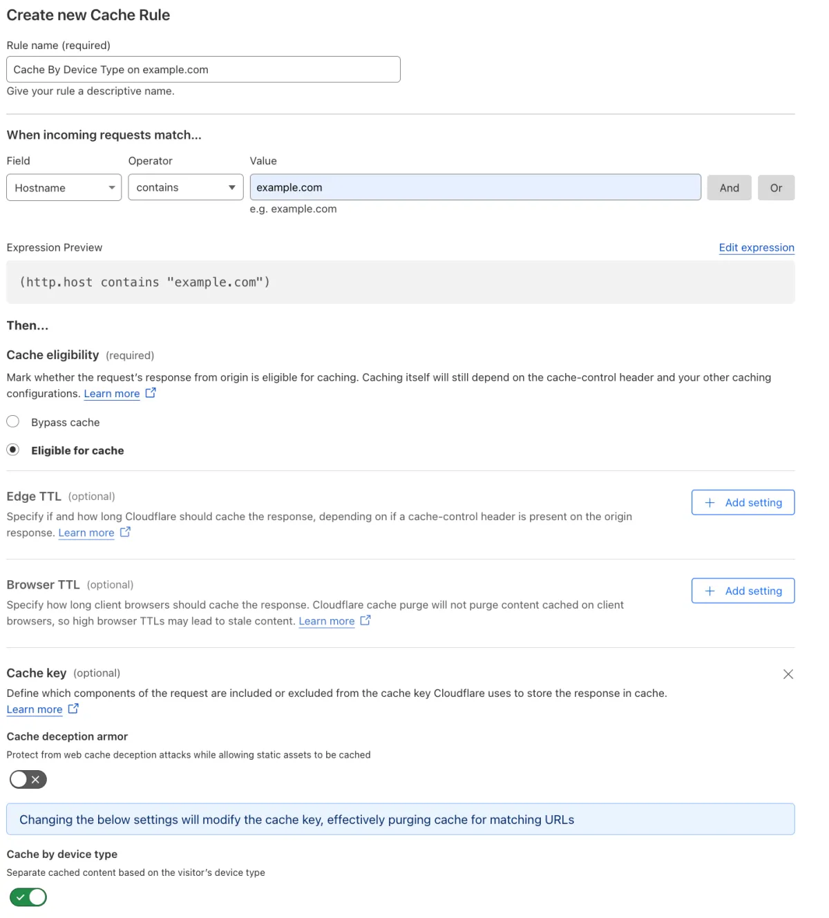 例のページルールの「デバイスタイプによるキャッシュ」設定に一致するキャッシュルール