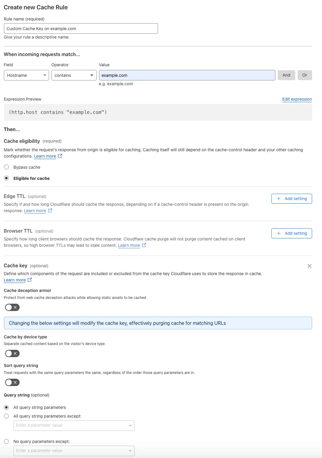 例のページルールのカスタムキャッシュキー設定に一致するキャッシュルール