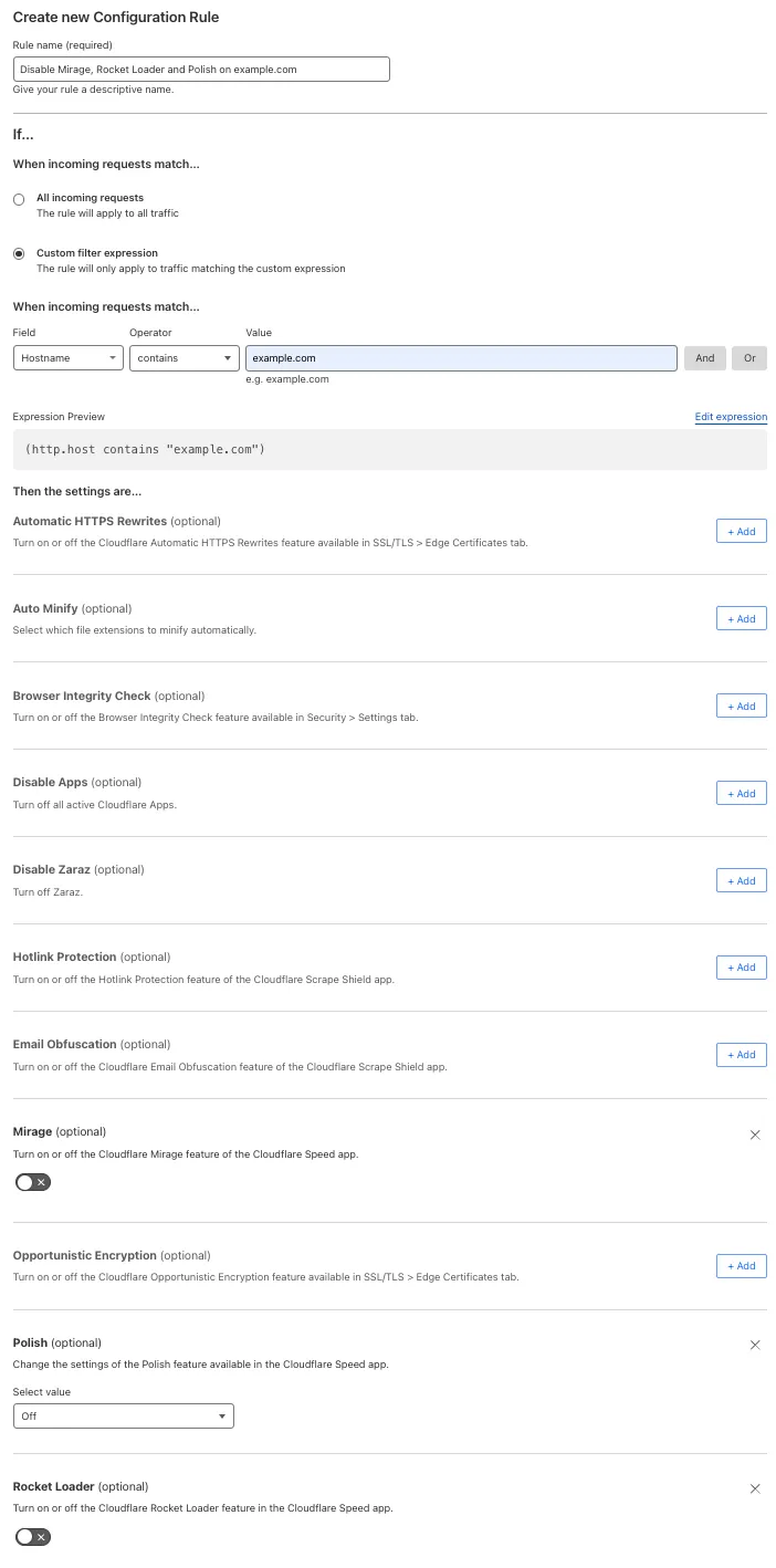 例のページルールのパフォーマンスの無効化設定に部分的に一致する構成ルール