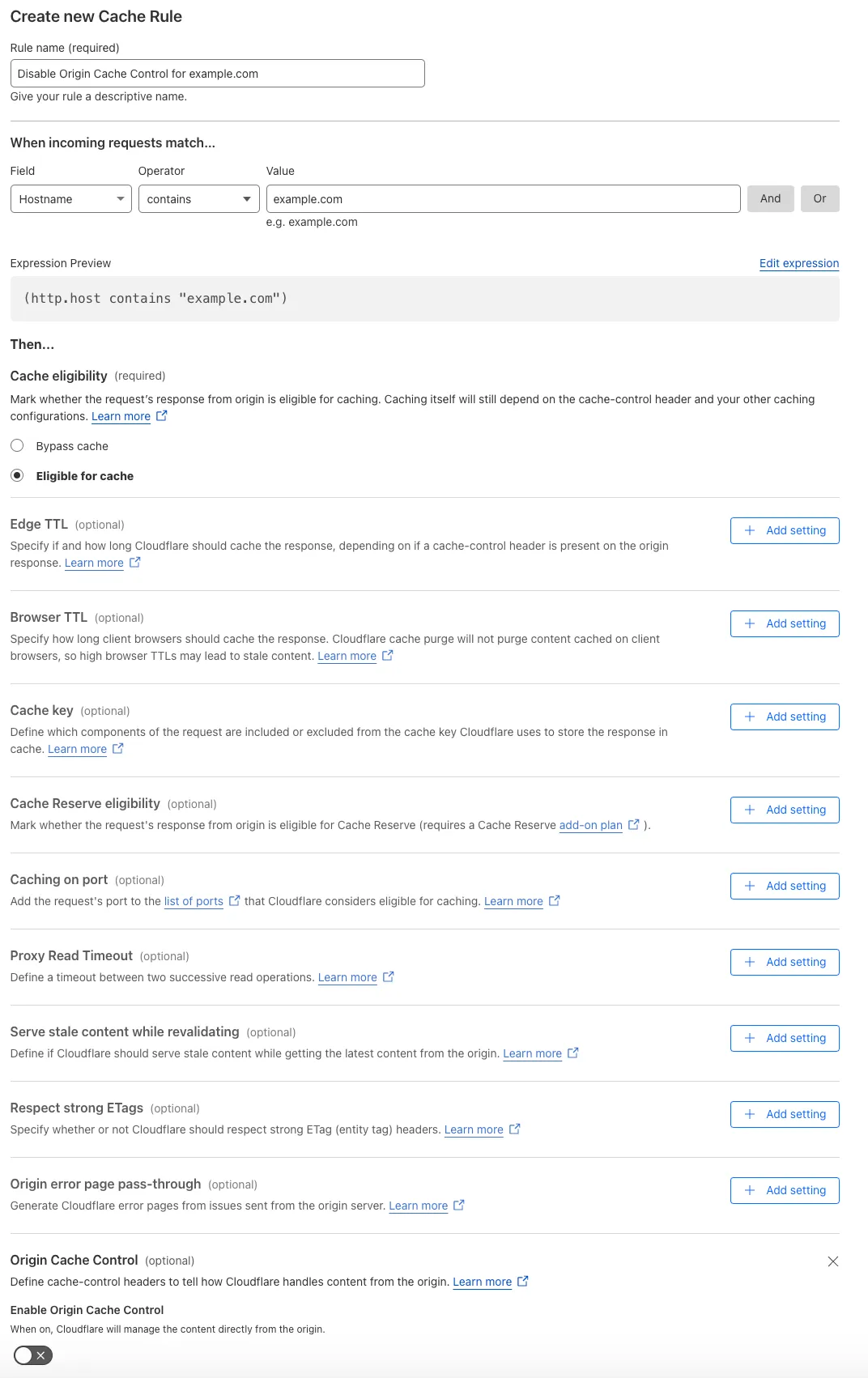 例のページルールの「オリジンキャッシュコントロール」設定に一致するキャッシュルール