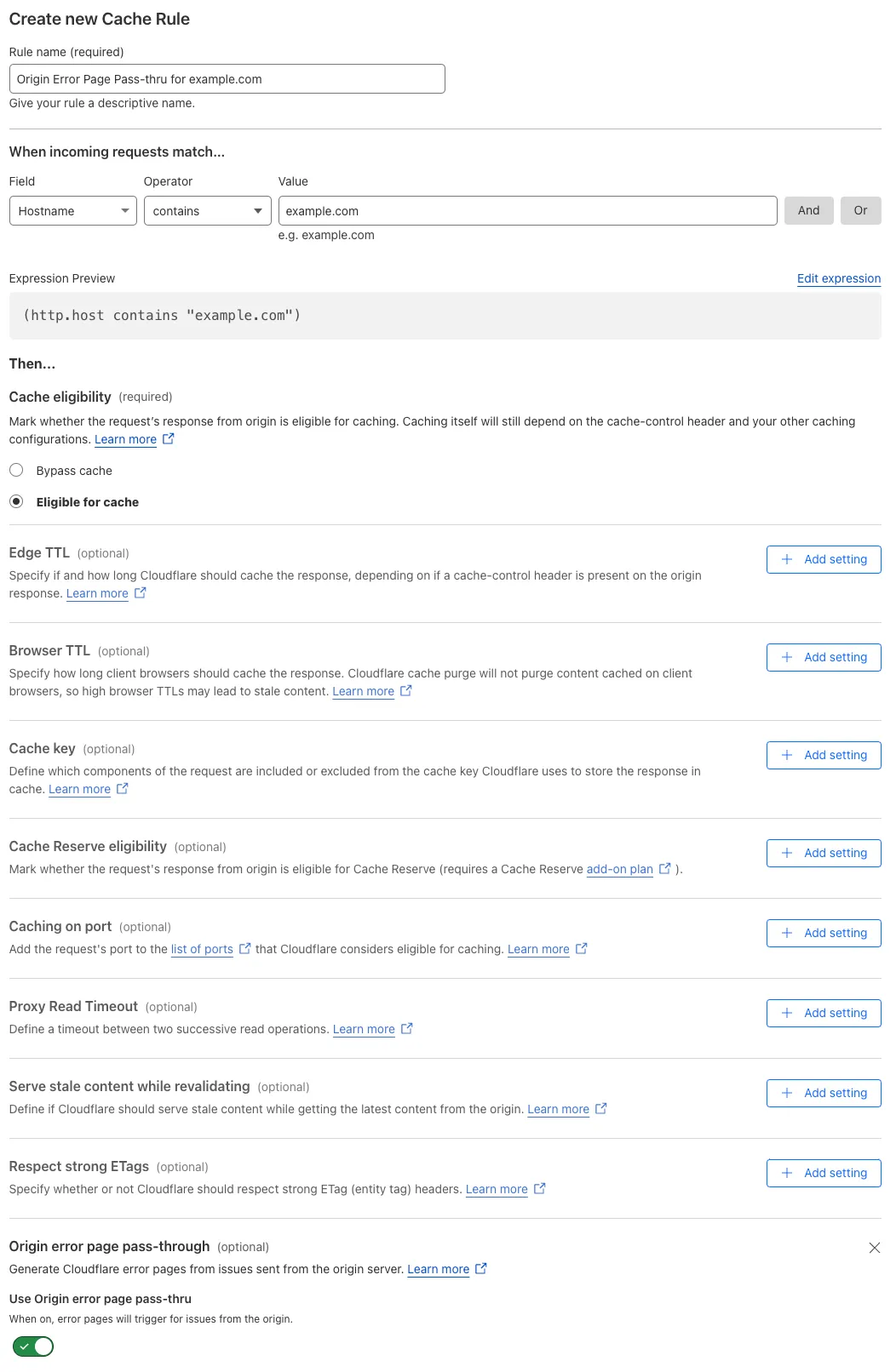 例のページルールの「オリジンエラーページパススルー > オン」設定に一致するキャッシュルール