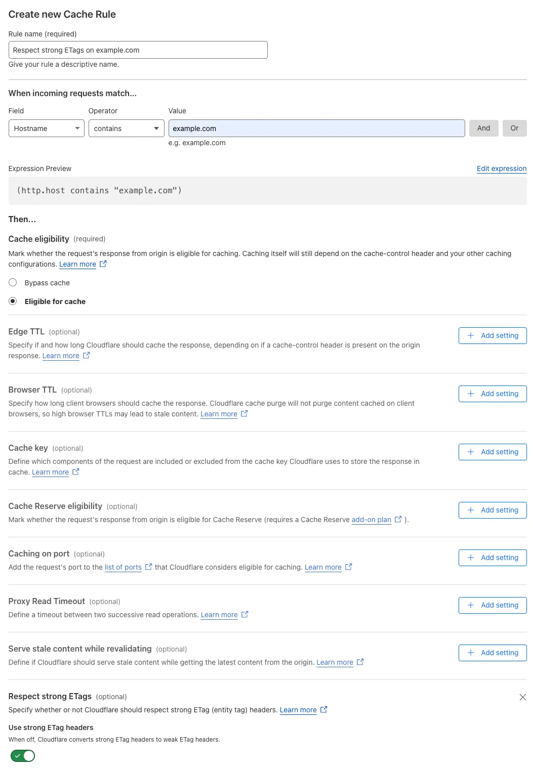 例のページルールの「ストロングETagの尊重 > オン」設定に一致するキャッシュルール