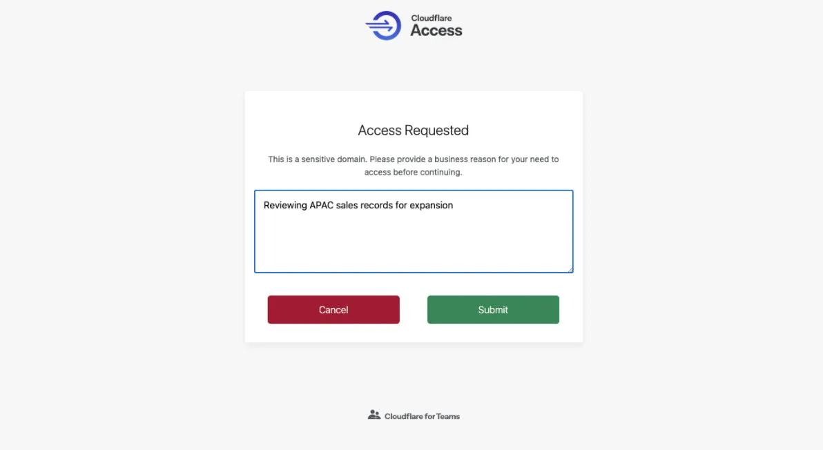 カスタムメッセージを表示する最終的な目的の正当化画面。