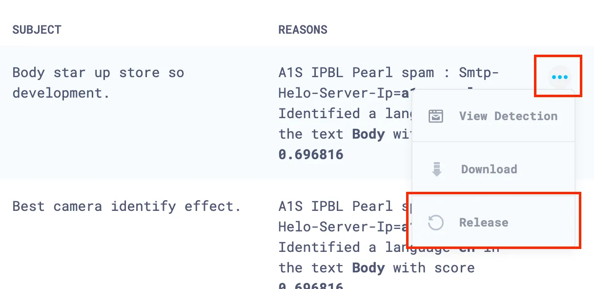 リリースを選択してメールを隔離から削除