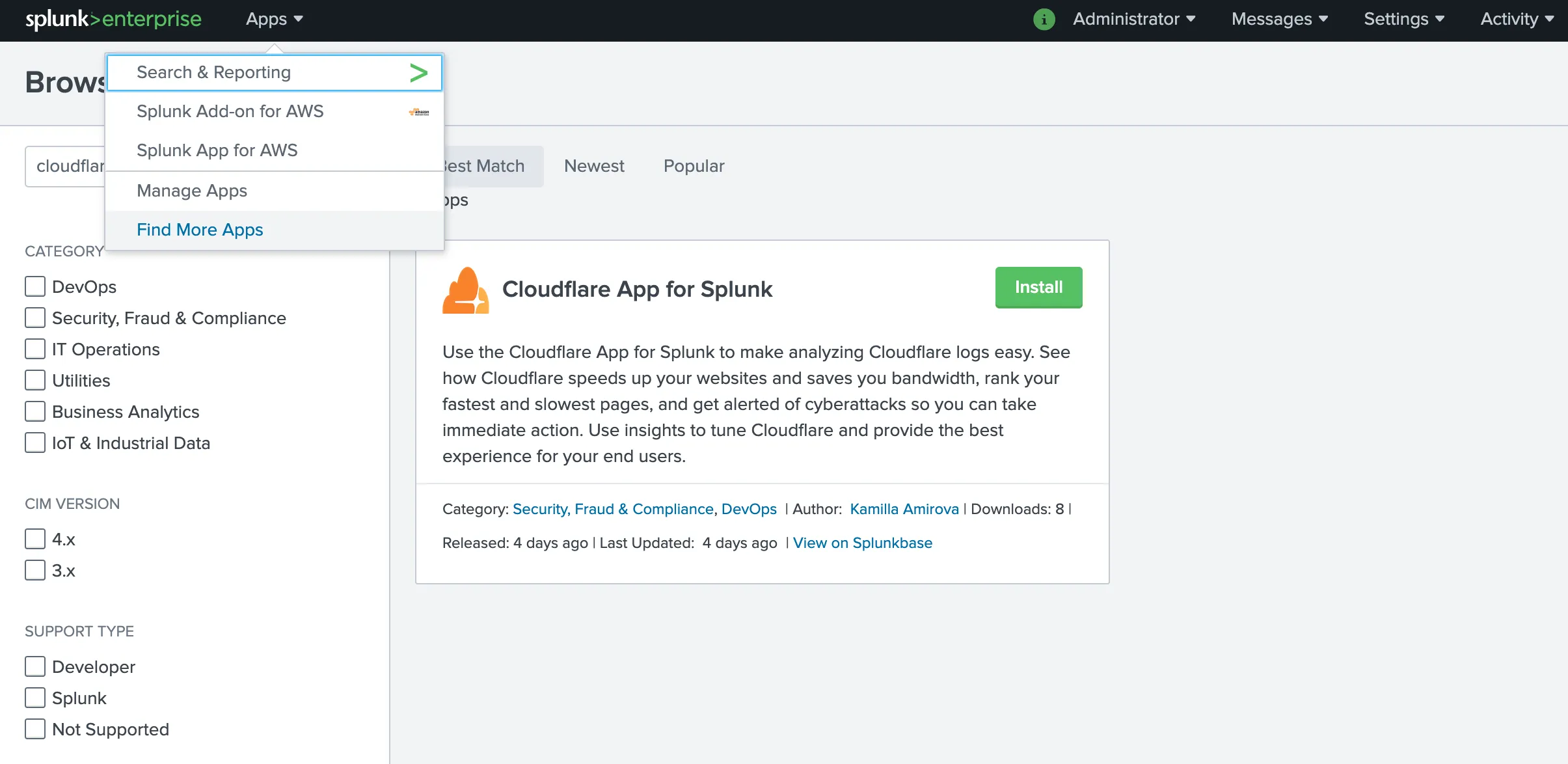 SplunkのウェブサイトでAppsメニューが展開され、Search & Reportingメニュー項目とCloudflare App for Splunkが表示されています
