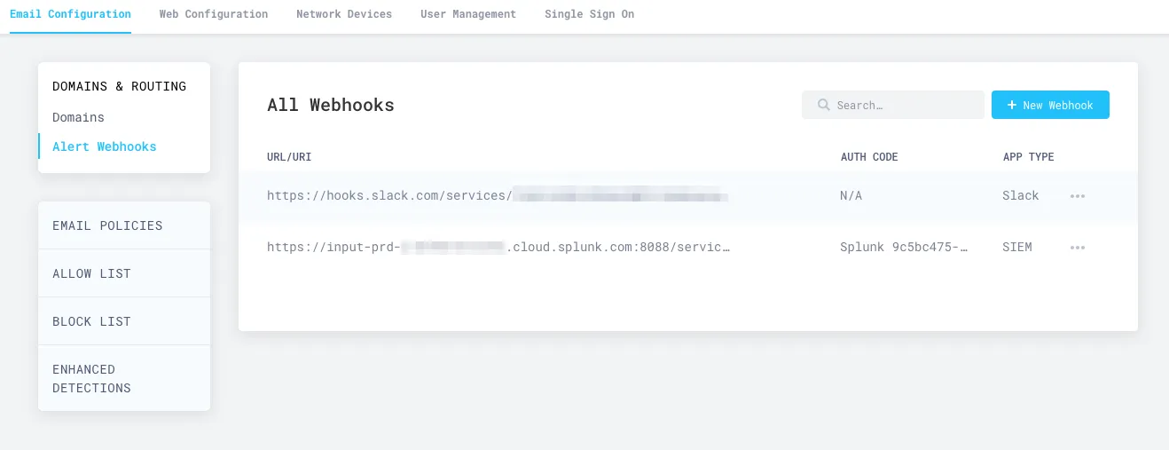 すべてのWebhookセクションにあなたのSplunk Webhookが表示されます。