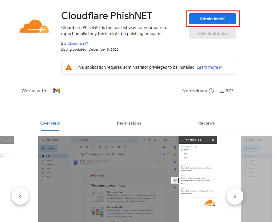 Cloudflare PhishNetのインストールを開始するにはAdmin installを選択します