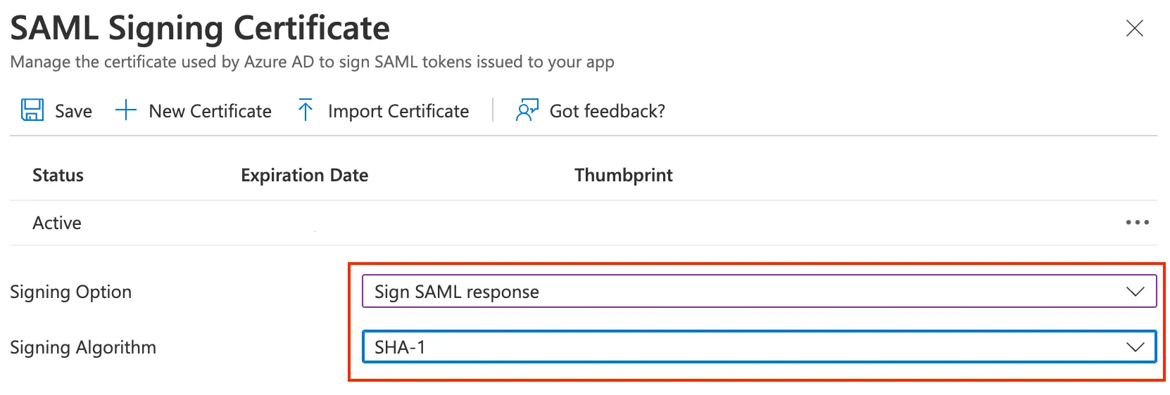 メニューからサインSAML応答とSHA-1を選択