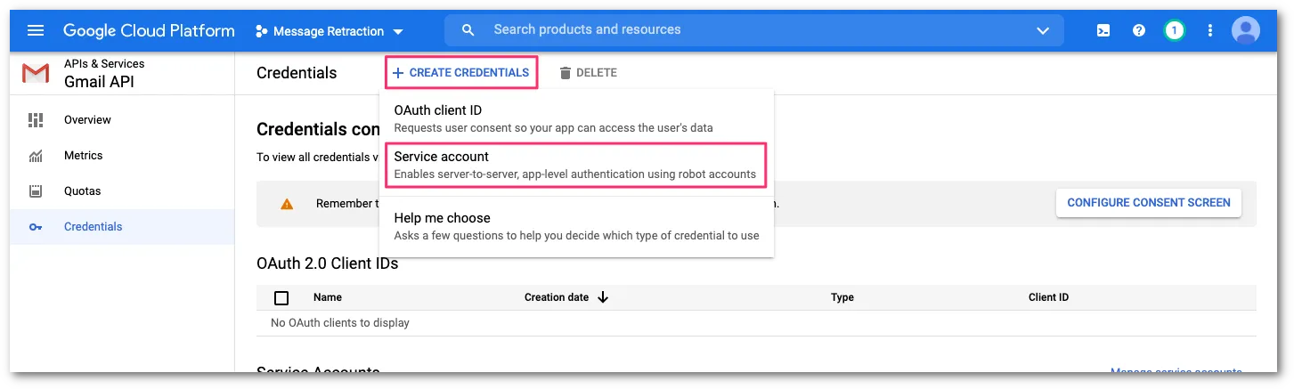 Create credentialsを選択し、次にService accountを選択