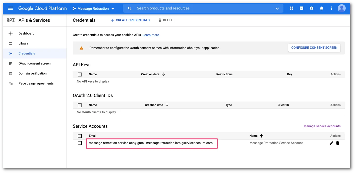 続行するために新しく作成したサービスアカウントを選択