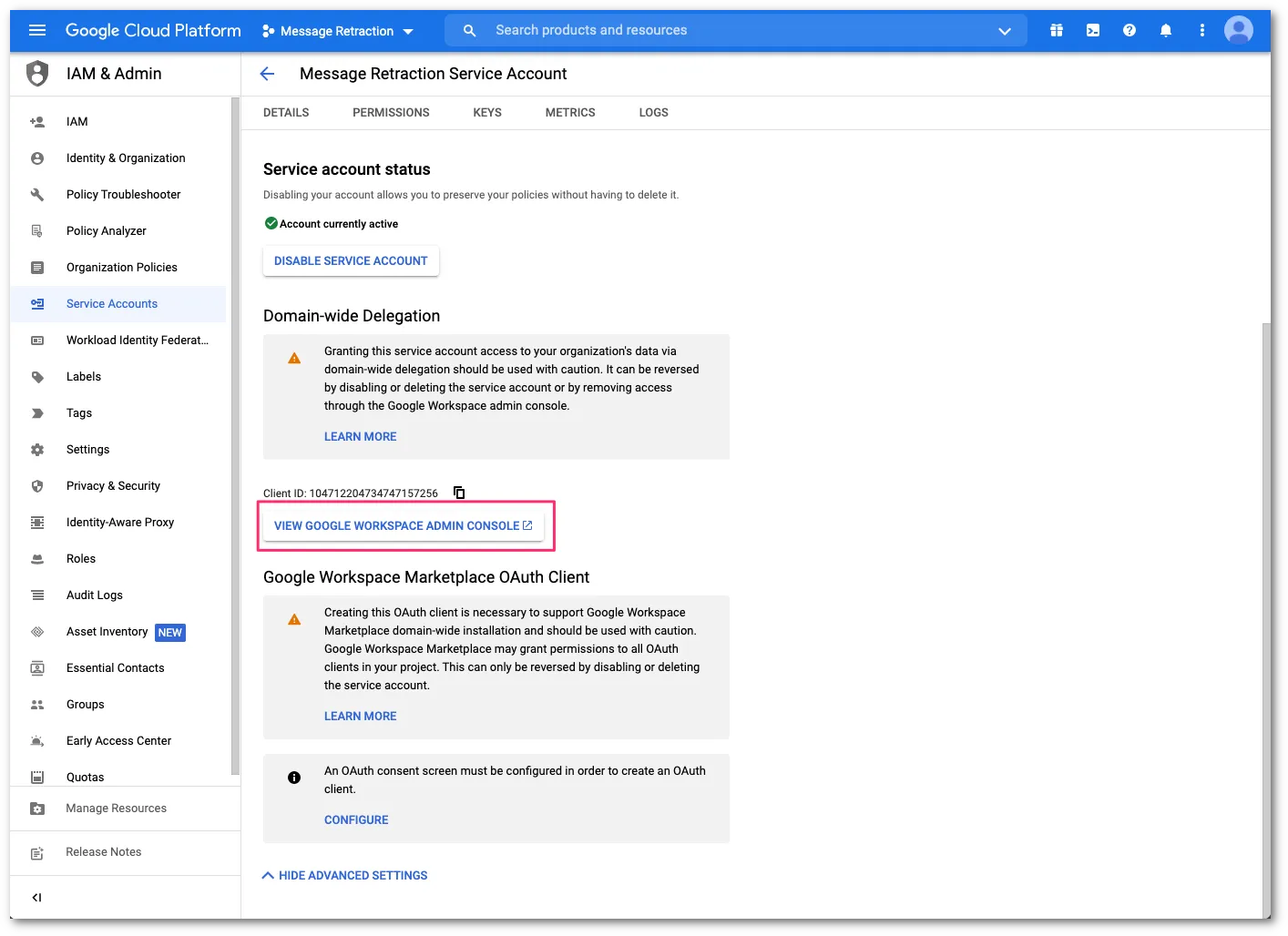 ドメイン全体の委任を設定するためにView Google Workspace Admin Consoleを選択