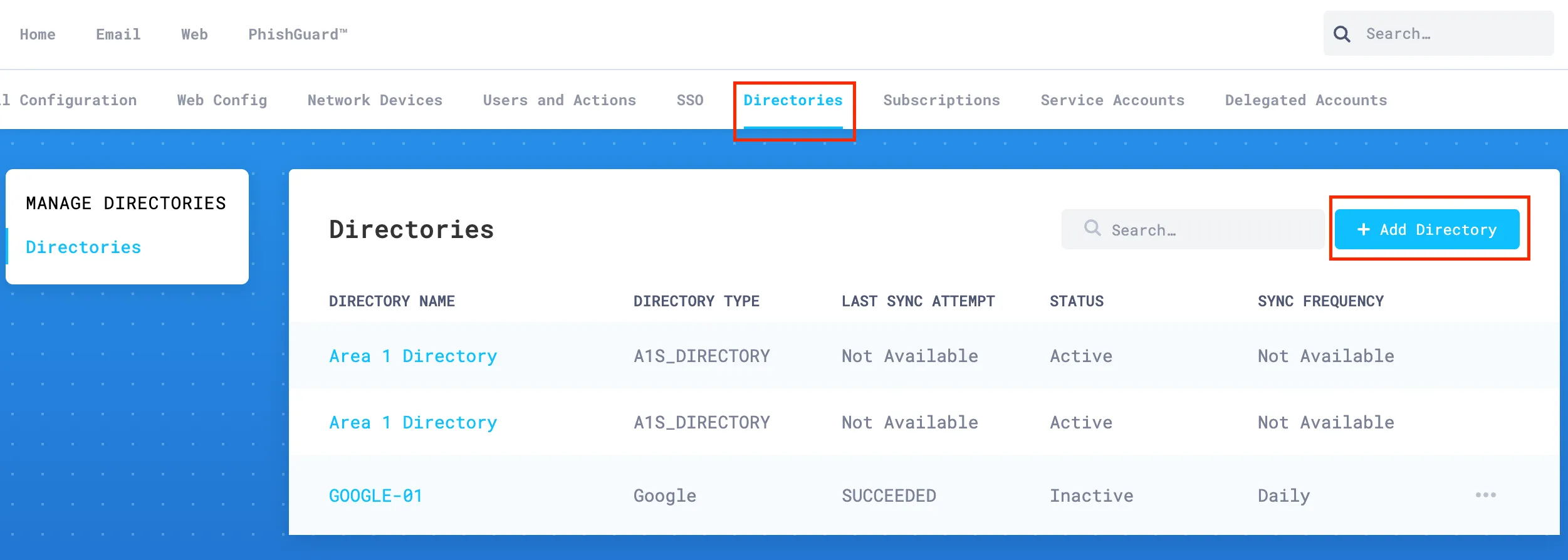 Email Security のダッシュボードで Directories に移動し、Add Directory を選択して認証プロセスを開始します