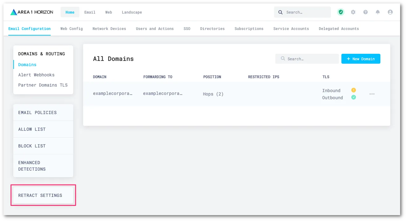 メールセキュリティでリトラクション設定にアクセス