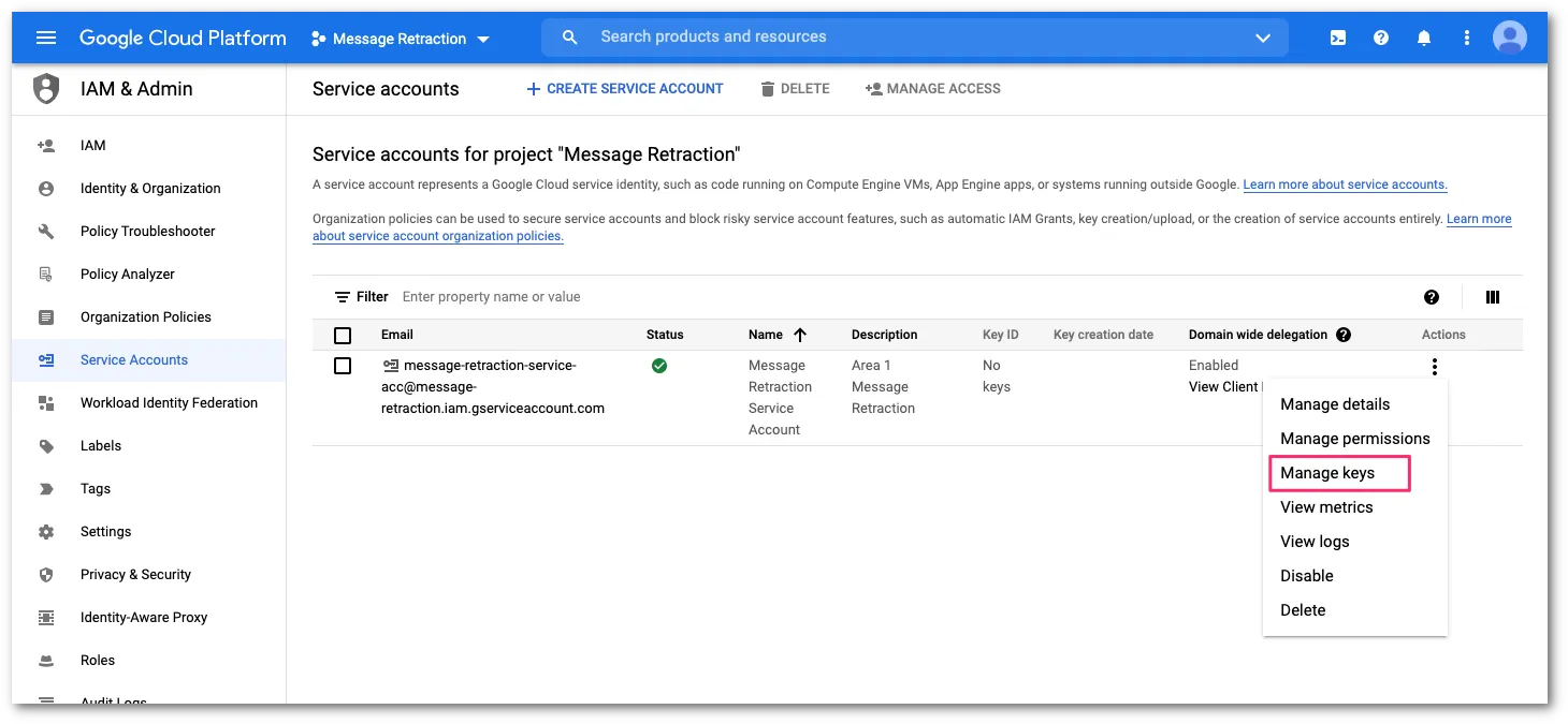 三点リーダーメニューを選択し、次にManage Keysを選択