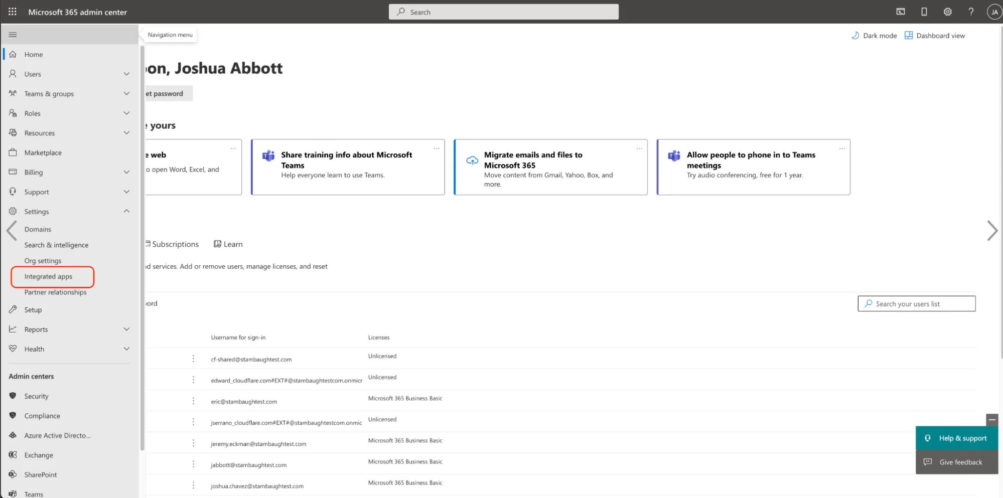 メニューから統合アプリを選択