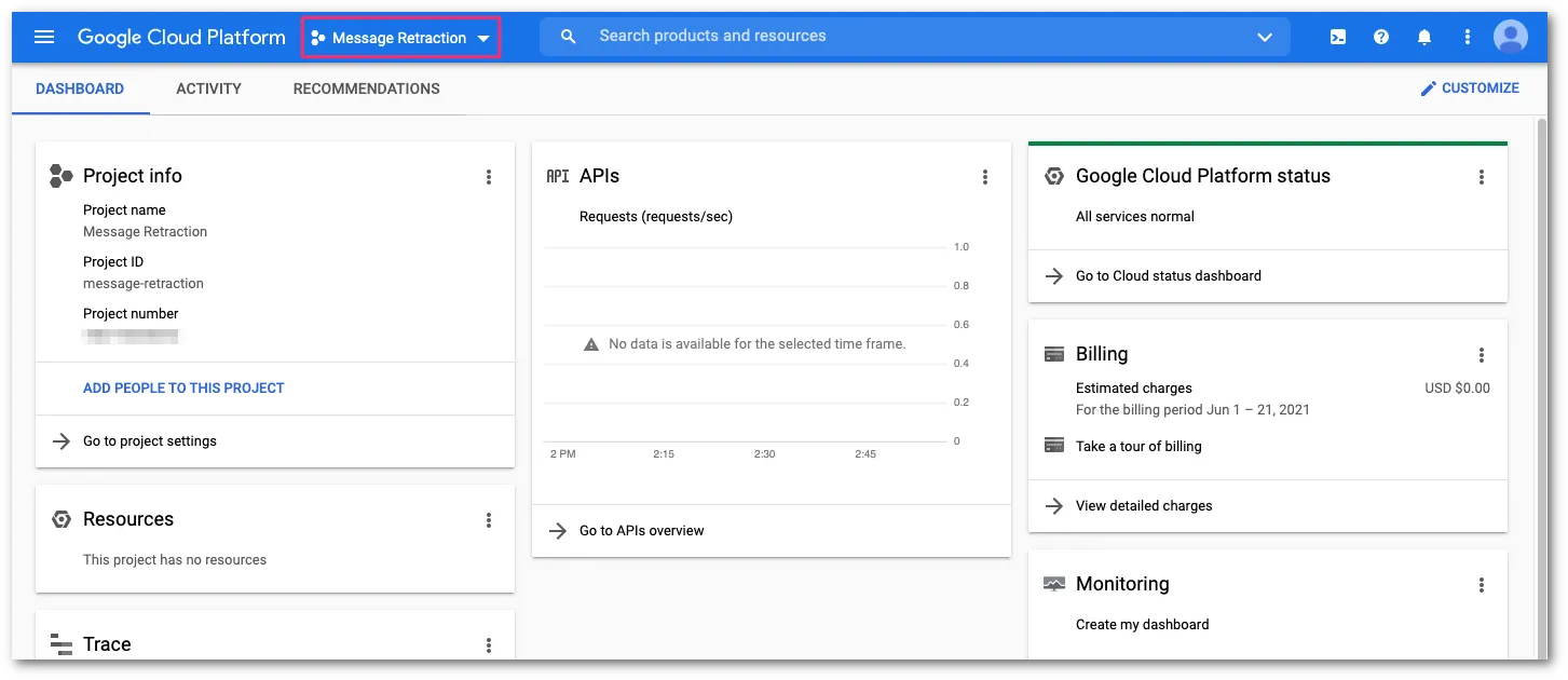 必要に応じてProject selectorを使用して前のステップで作成したプロジェクトを選択