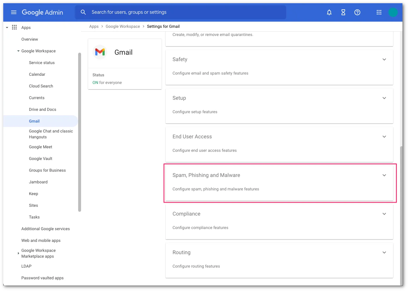 スパム、フィッシング、マルウェア設定にアクセス
