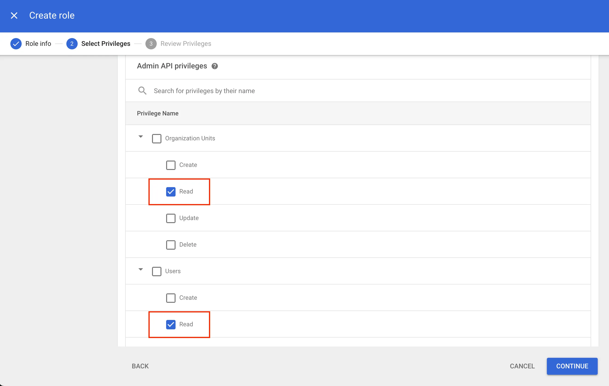 ここに記載されている権限のみを選択