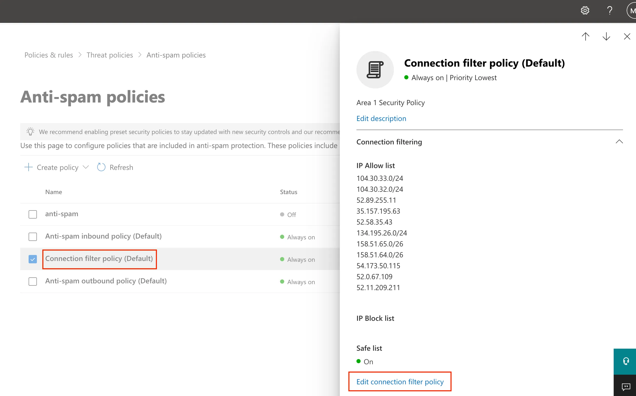 接続フィルターポリシーの編集を選択