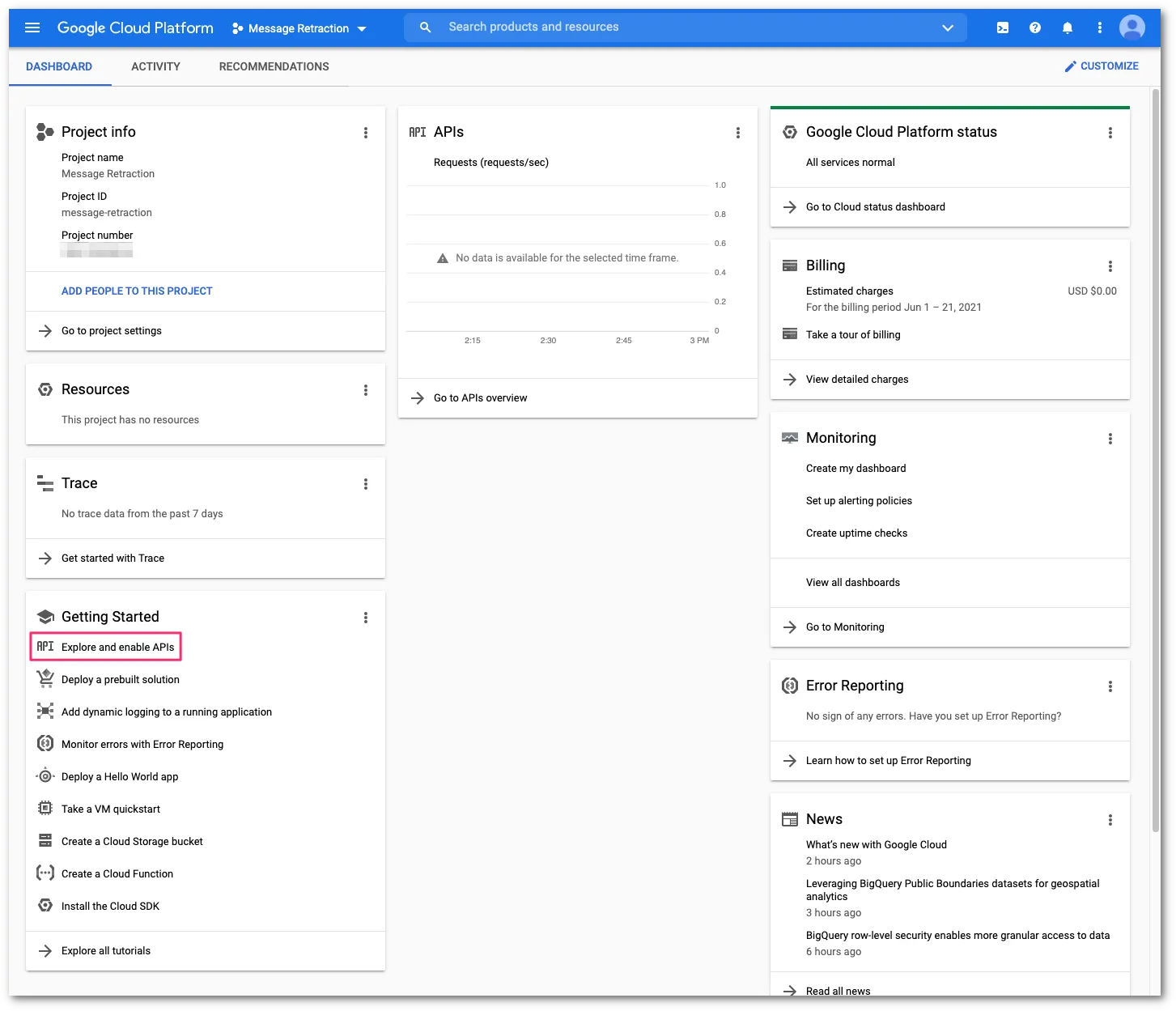 Getting startedカードを見つけ、Explore and enable APIsを選択