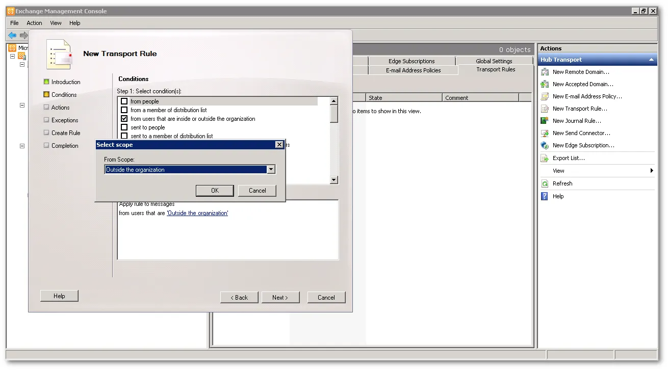 トランスポートルールの範囲を選択
