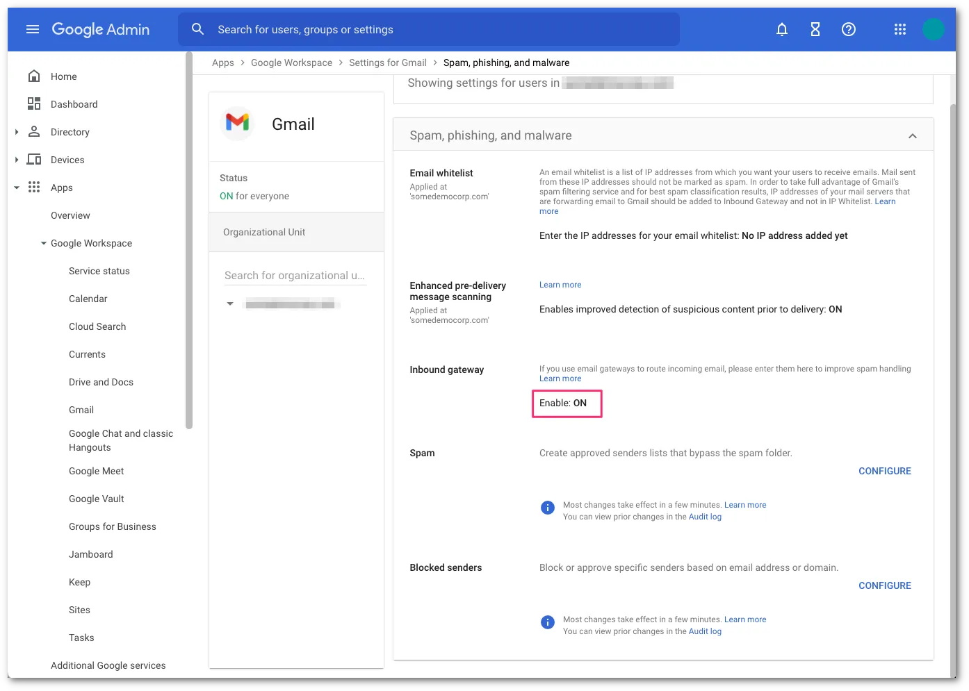 受信ゲートウェイがオン
