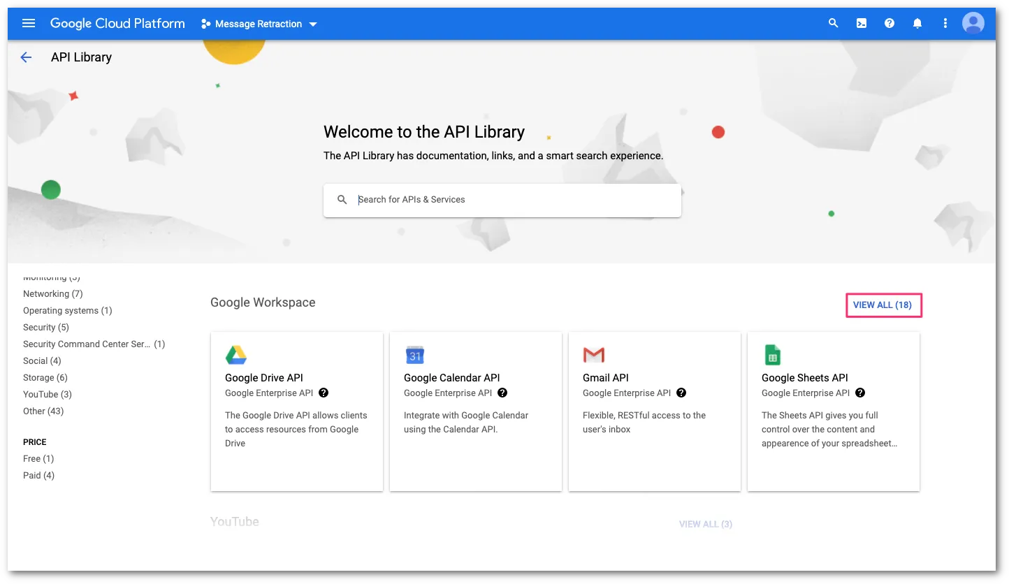 Admin SDK APIとGmail APIにアクセスするためにView allリンクを見つける