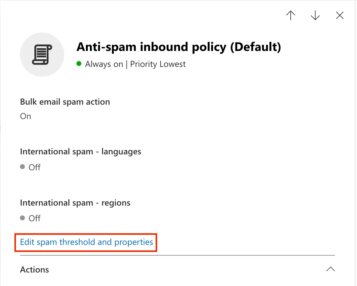 スパムしきい値とプロパティボタンを選択