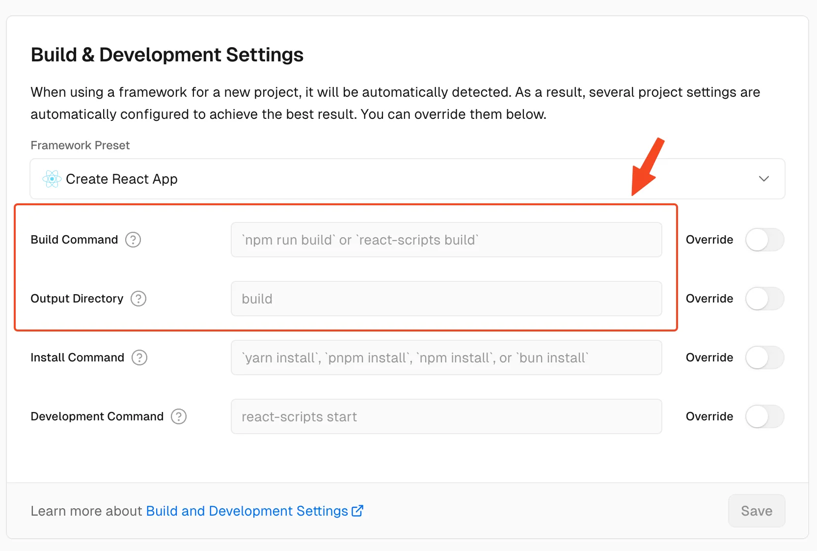 ビルドコマンドと出力ディレクトリのフィールドを見つける