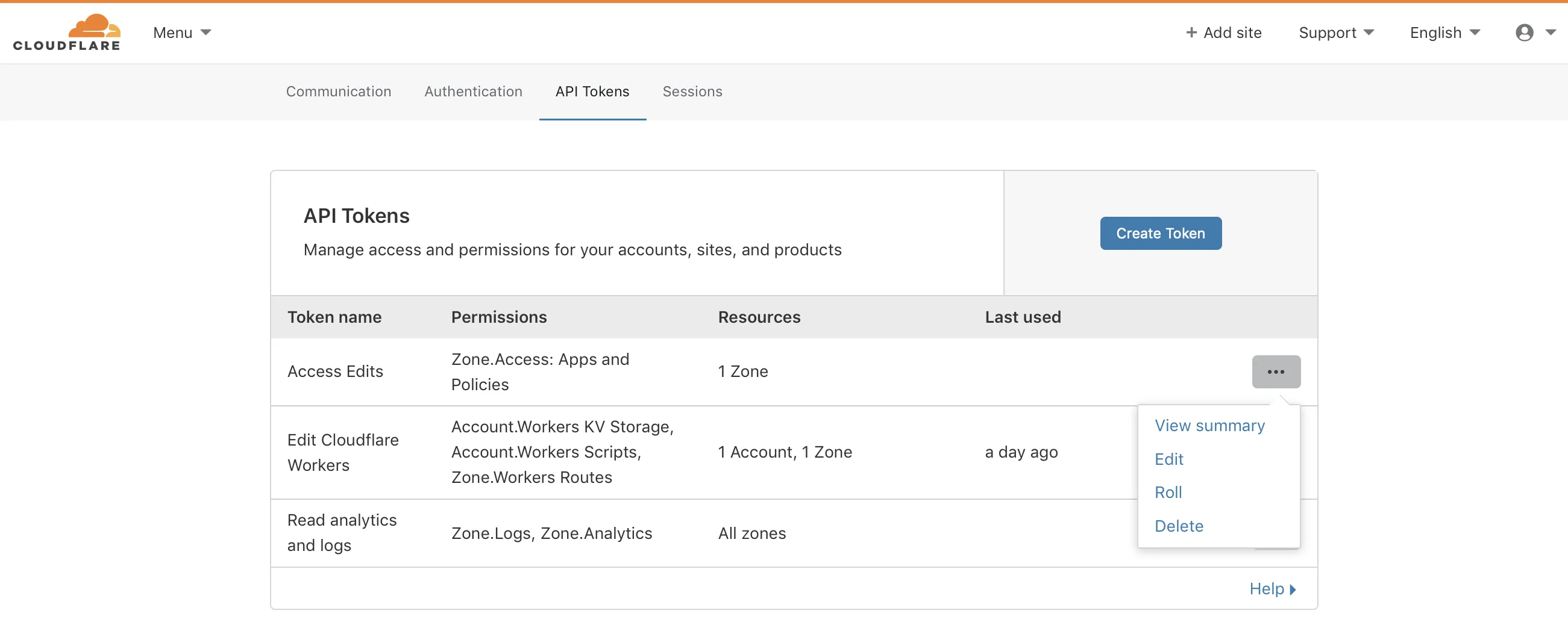 作成されたAPIトークンのリスト。