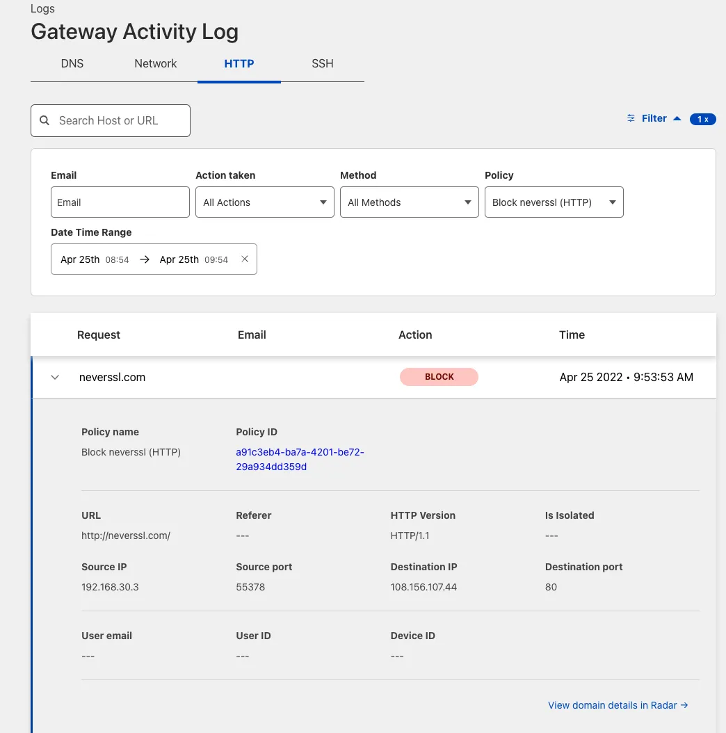 CloudflareダッシュボードのGateway Activity Logからのブロックされたログ