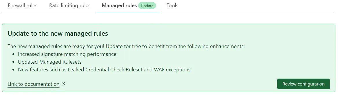 WAF > Managed rulesに表示されるPro/Business顧客向けの移行バナー。
