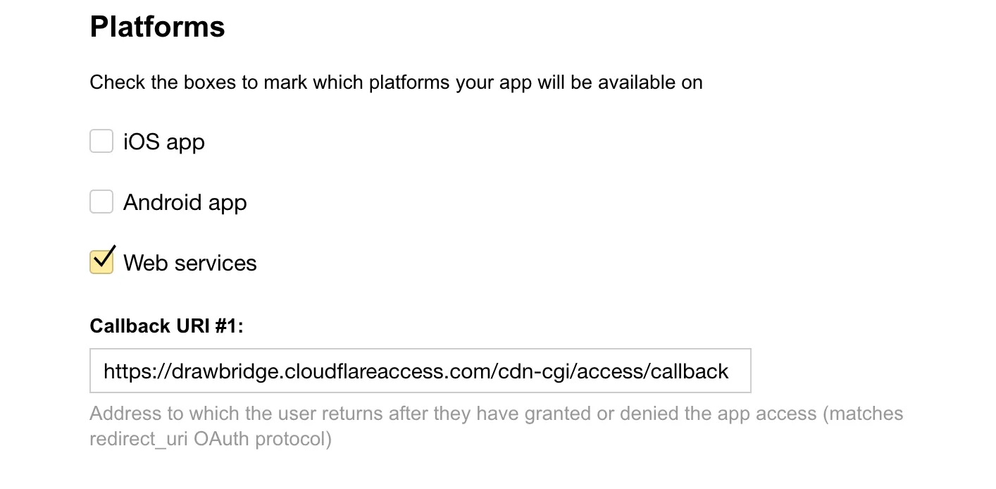 Yandexプラットフォームインターフェース、Webサービスがチェックされ、コールバックURIがオープンフォームフィールドに表示されています