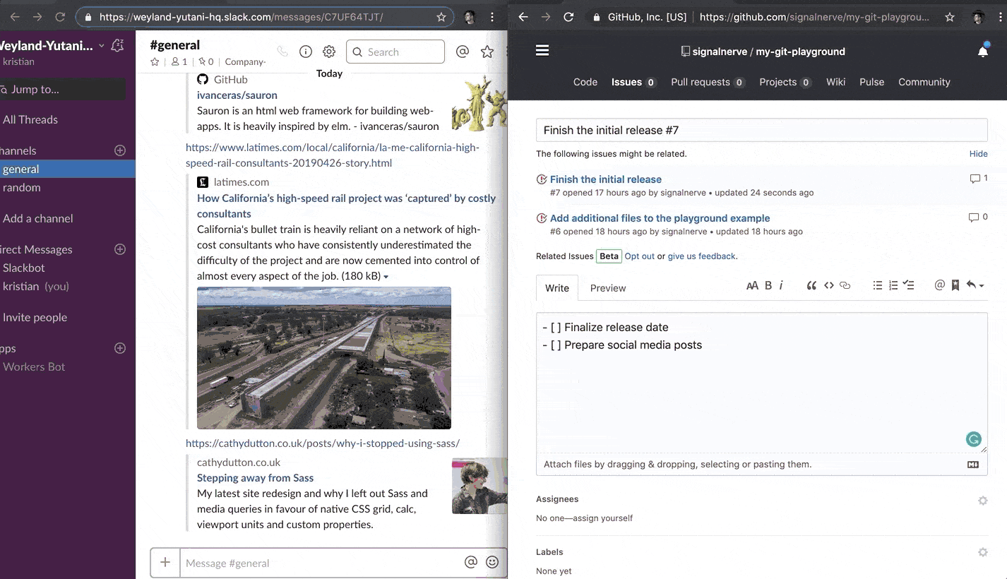 新しい問題を作成すると、Slack チャンネルに Slackbot が表示されるようになります